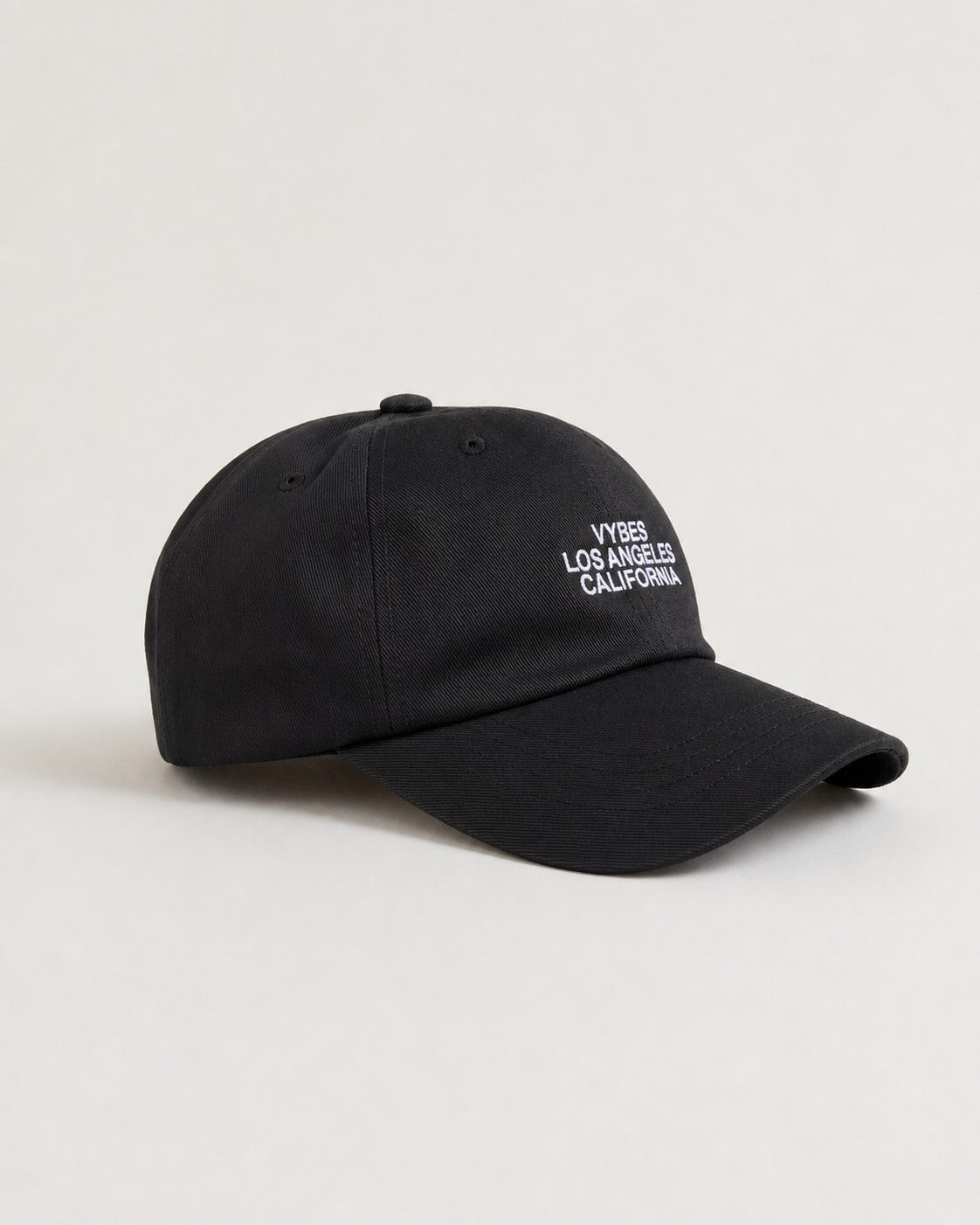 VYBES Dad Embroidered Cap in black with white VYBES Los Angeles California embroidery