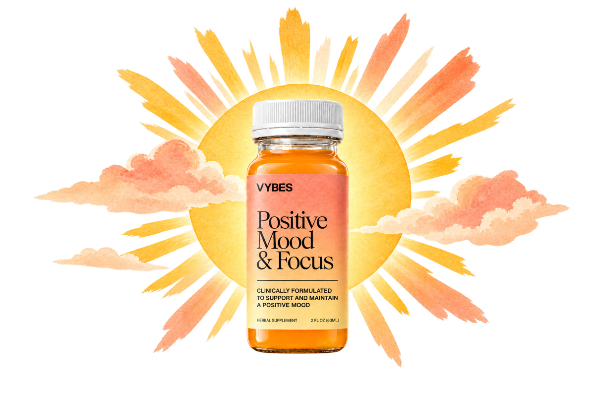 The VYBES Morning Mood Shot, a 2oz bottle, in front of a rising sun